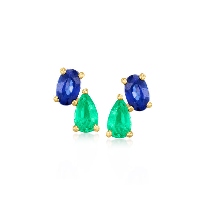 .50 ct. t.w. Sapphire and .30 ct. t.w. Emerald Toi et Moi Earrings in 14kt Yellow Gold