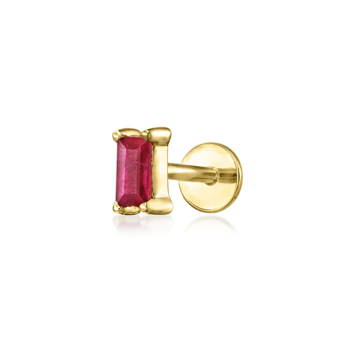 .10 Carat Baguette Ruby Single Flat-Back Stud Earring in 14kt Yellow Gold