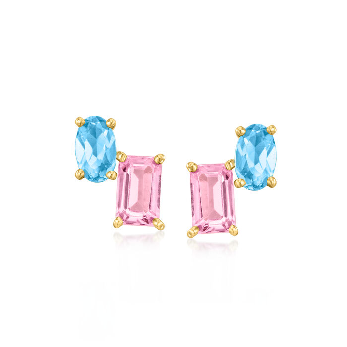 .60 ct. t.w. Pink Topaz and .50 ct. t.w. Swiss Blue Topaz Toi et Moi Earrings in 14kt Yellow Gold