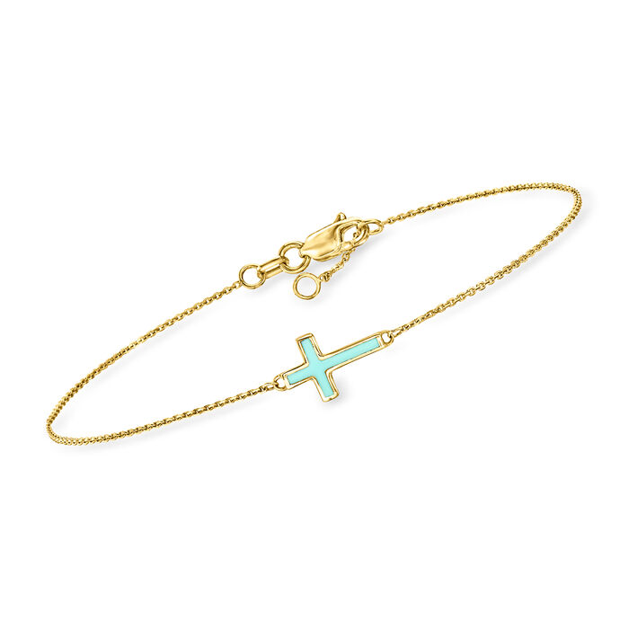 Turquoise Enamel Cross Bracelet in 14kt Yellow Gold