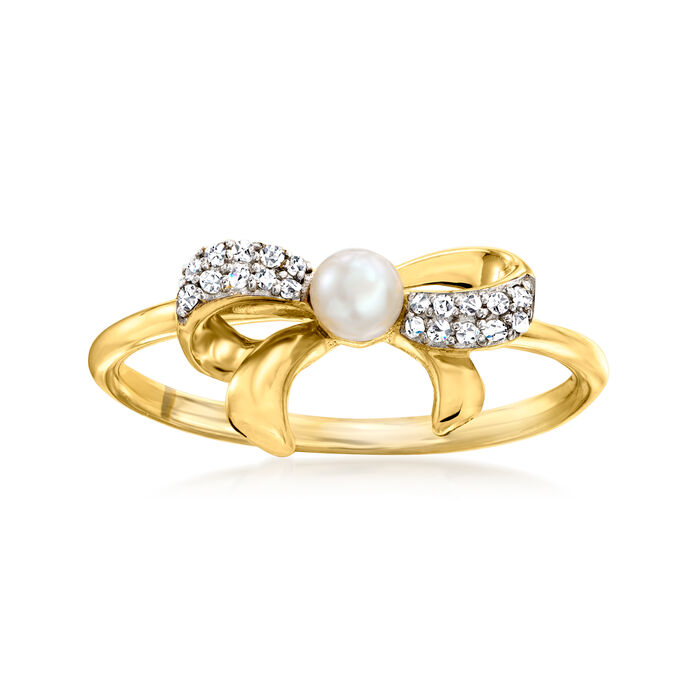 3-3.5mm Cultured Pearl Bow Ring with Diamond Accents in 14kt Yellow Gold