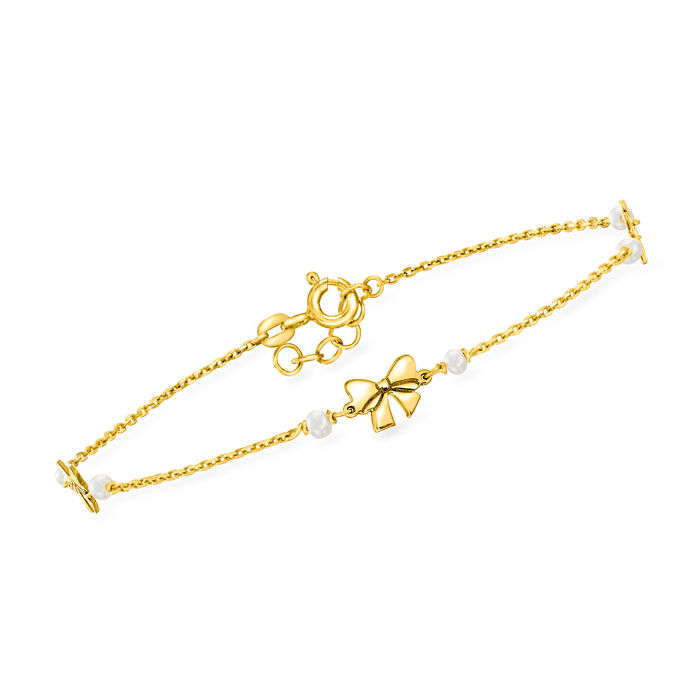 Italian 2-2.5mm Cultured Pearl and 14kt Yellow Gold Bow Station Bracelet