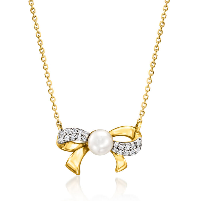 4-4.5mm Cultured Pearl Bow Necklace with Diamond Accents in 14kt Yellow Gold