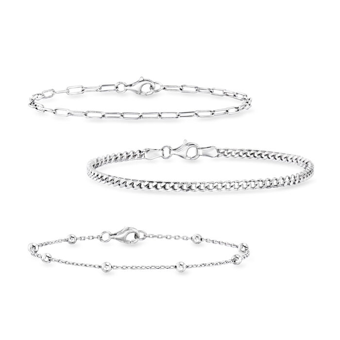 Sterling Silver Jewelry Set: Curb-Link, Paper Clip Link and Bead-Chain Bracelets