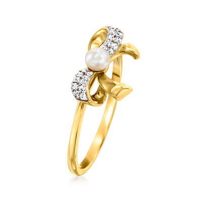 3-3.5mm Cultured Pearl Bow Ring with Diamond Accents in 14kt Yellow Gold