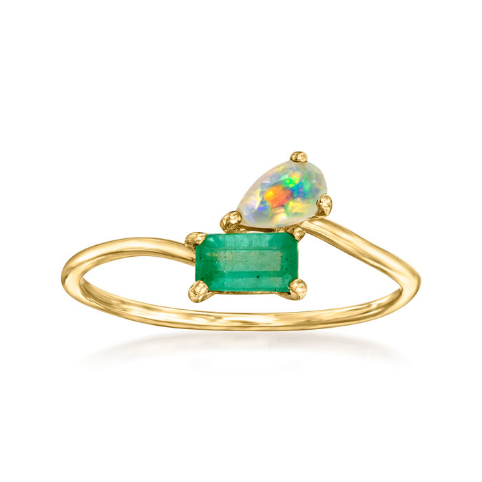 Opal and .20 Carat Emerald Toi et Moi Ring in 14kt Yellow Gold